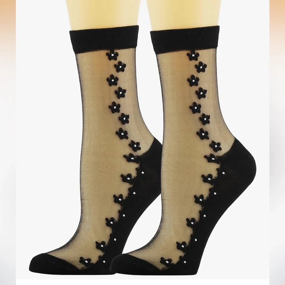 🆕 Floral Embroidered Sheer Ankle Socks - Black